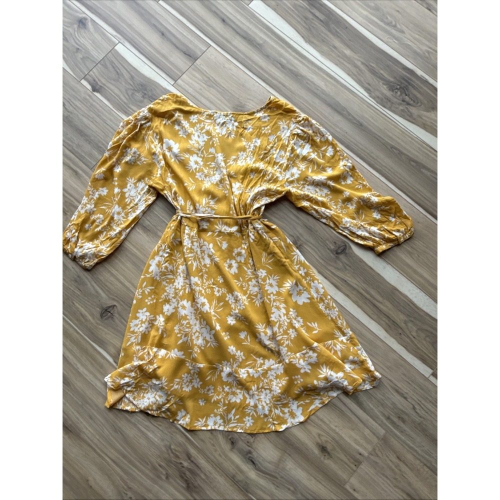 LULUS Floral In‎ This Together Dusty Yellow Wrap Half Sleeve Dress Summer L - Picture 3 of 5